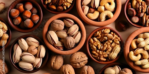 Assorted nuts in clay bowls on a light background seen from above in close-up. Concept Food Photography, Close-up Shots, Overhead View, Healthy Snacking, Nut Varieties