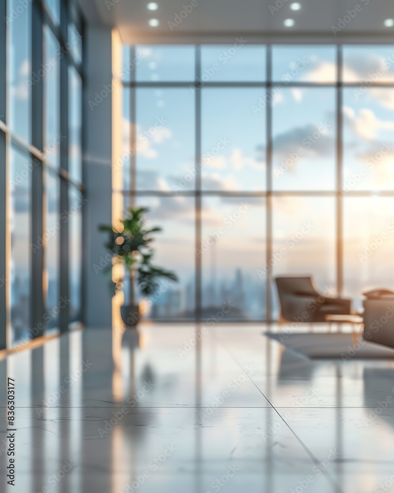 Blurred background of a sleek modern office, expansive windows, beautiful natural light, wideangle shot, serene and bright interior Blurred background of a sleek modern office, expansive windows, beautiful natural light, wideangle shot, serene and bright interior