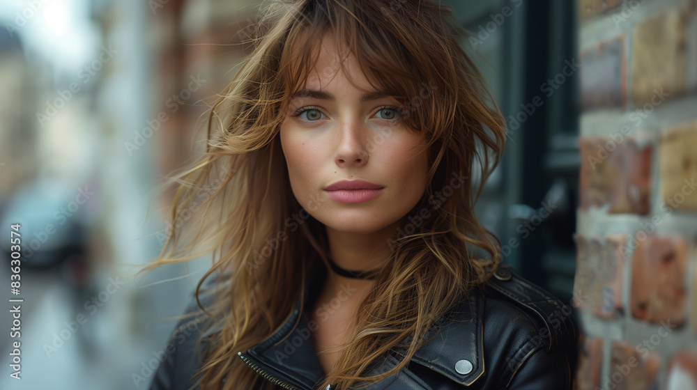 Obraz premium Generative AI, a portrait photo of a french glamour model in her thirties wearing leather