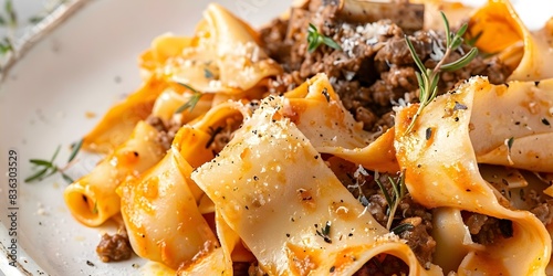 Pappardelle with Wild Boar Ragu Wide Noodles in Slow-Cooked Ragu with Ricotta and Thyme. Concept Pappardelle, Wild Boar Ragu, Slow-Cooked, Ricotta, Thyme photo