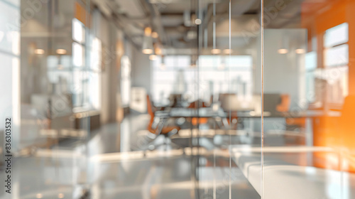 Elegant blurred office interior, gray palette with orange color splashes and wide windows for light