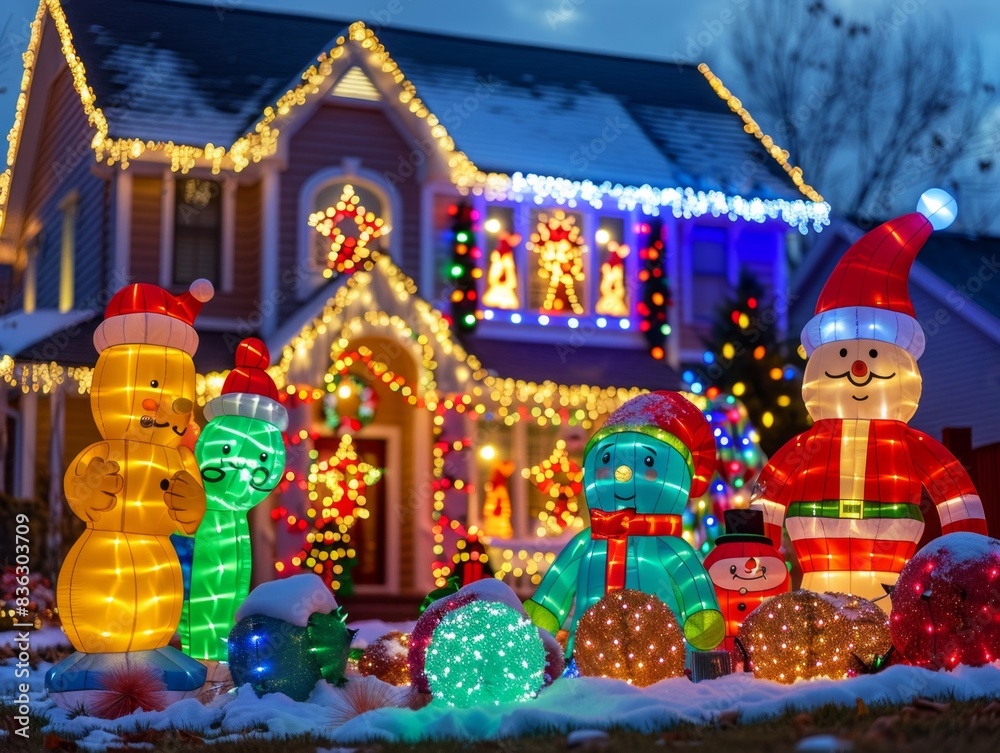Fototapeta premium Cozy Suburban Home Adorned with Twinkling Christmas Lights