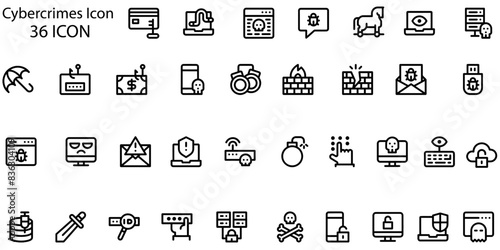 Cybercrime set. Creative icons: hacker, virus, remote access, trojan horse, authentication, botnet, online robbery, cyber protector, biometric, critical infrastructure, spyware, spam, cyber risk, ddos
