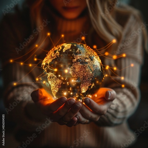 A close-up of hands holding a glowing, interconnected globe, symbolizing global connection, technology, and innovation in a dark setting.
