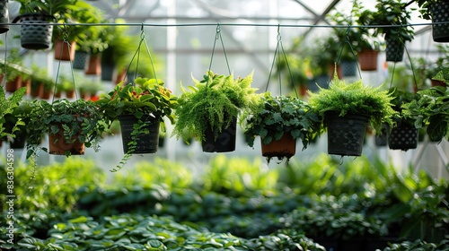 Various Green Plants Hanging in Pots in a Lush Greenhouse