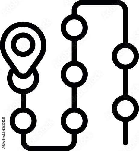 Black and white illustration of a stylized route with location pins, suitable for navigation themes