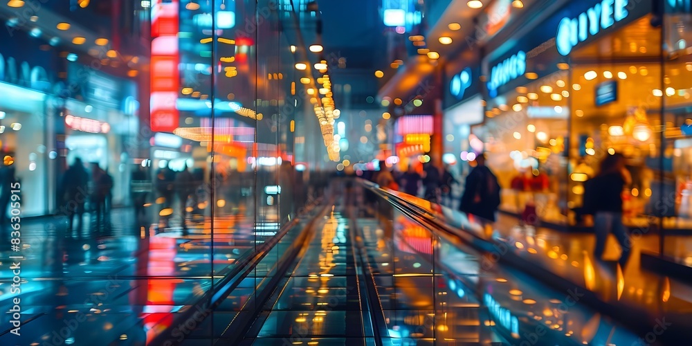 Hustle and bustle of city life with blurred shopping mall lights. Concept City Life, Shopping, Lights, Urban Lifestyle, Busy Streets Hustle and bustle of city life with blurred shopping mall lights. Concept City Life, Shopping, Lights, Urban Lifestyle, Busy Streets