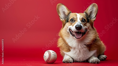 A cute corgi is sitting next to a baseball on a red background. The corgi has a happy expression on its face and is looking up at the camera.