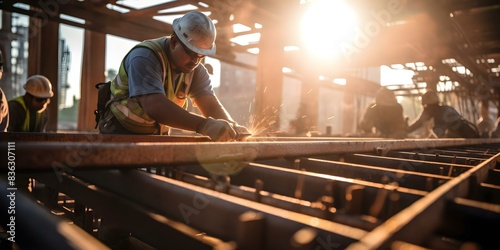 Construction workers securing steel beams at a construction site. Concept Construction, Steel Beams, Construction Site, Workers, Safety Measures photo