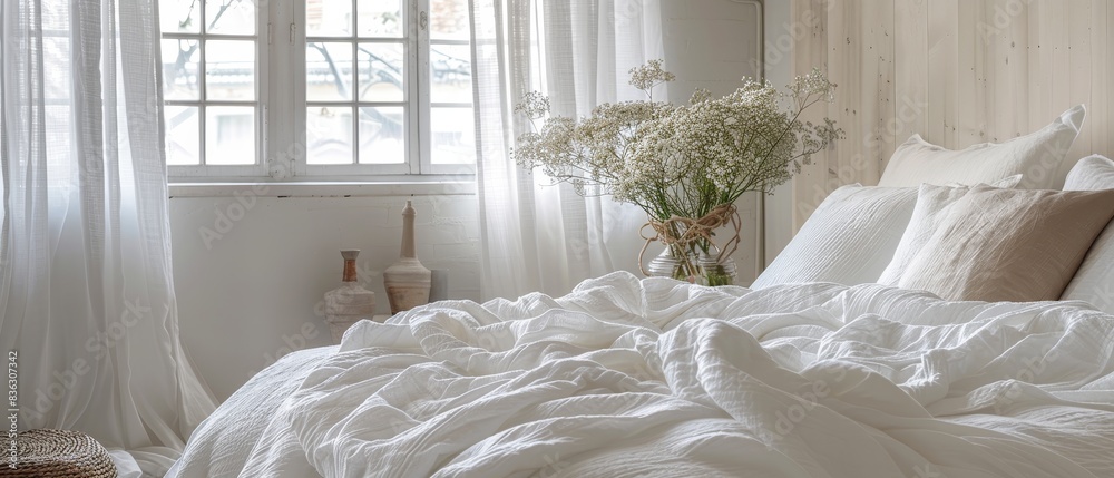 A luxurious bed with crisp white linens and fluffy pillows in a minimal bedroom A luxurious bed with crisp white linens and fluffy pillows in a minimal bedroom