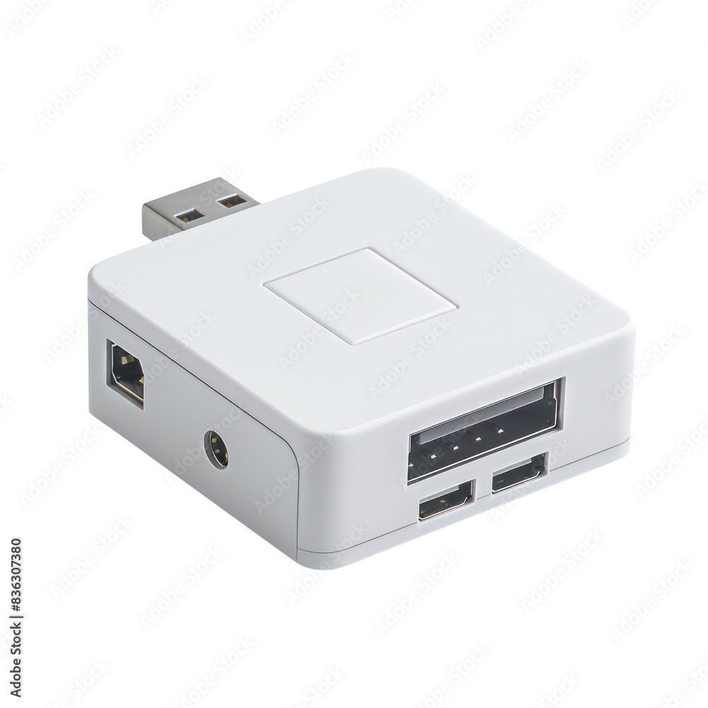 Compact white USB hub for connecting multiple devices, featuring multiple ports for enhanced connectivity and convenience. transparent backgrounds Compact white USB hub for connecting multiple devices, featuring multiple ports for enhanced connectivity and convenience. transparent backgrounds