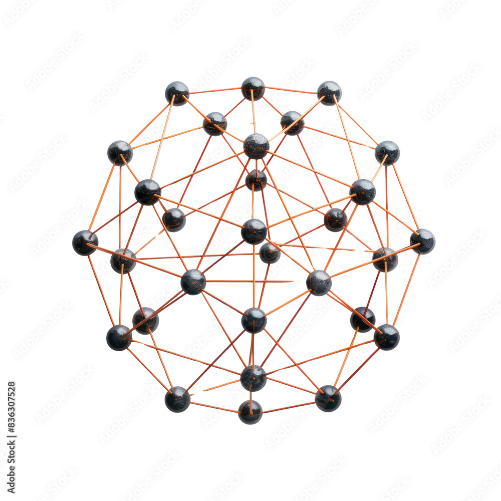 Unique geometric structure with interconnected black spheres and copper lines on white background, representing network and connectivity. transparent backgrounds Unique geometric structure with interconnected black spheres and copper lines on white background, representing network and connectivity. transparent backgrounds