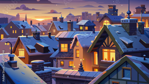 Atmospheric Snow-Covered Rooftops at Dusk with Warm Lights Shining from Windows, vector graphics