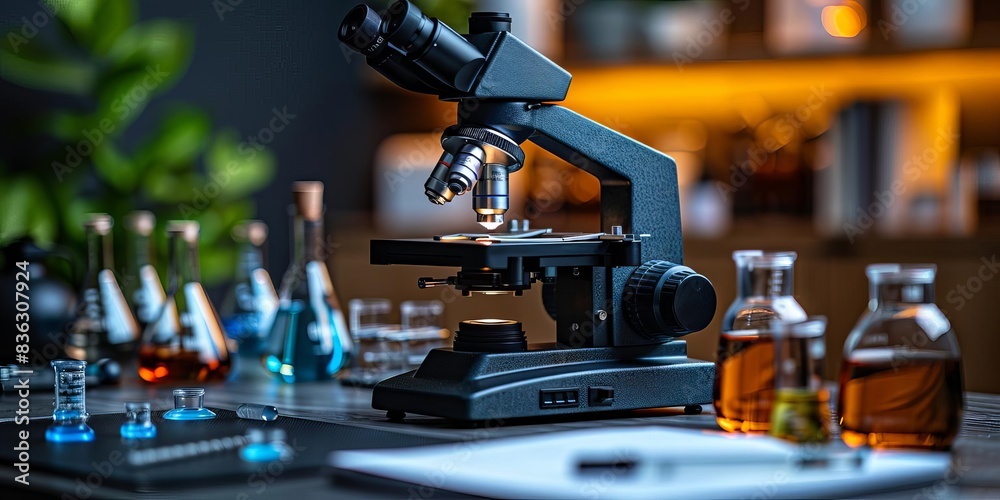 Modern laboratory with microscope, test tubes, and beakers, showcasing a scientific research setup in a vibrant, well-lit environment. Modern laboratory with microscope, test tubes, and beakers, showcasing a scientific research setup in a vibrant, well-lit environment.
