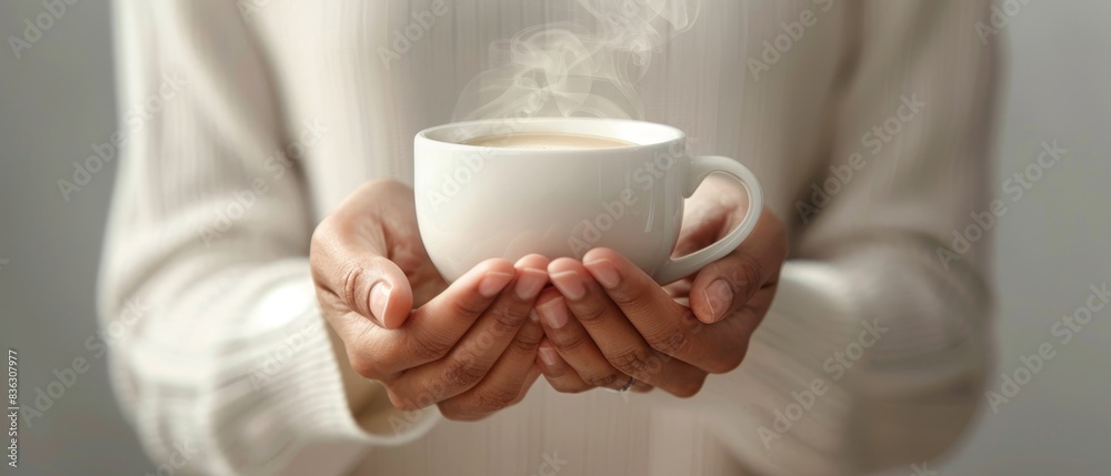 A pair of elegant hands holding a cup of steaming coffee in a minimalist setting A pair of elegant hands holding a cup of steaming coffee in a minimalist setting