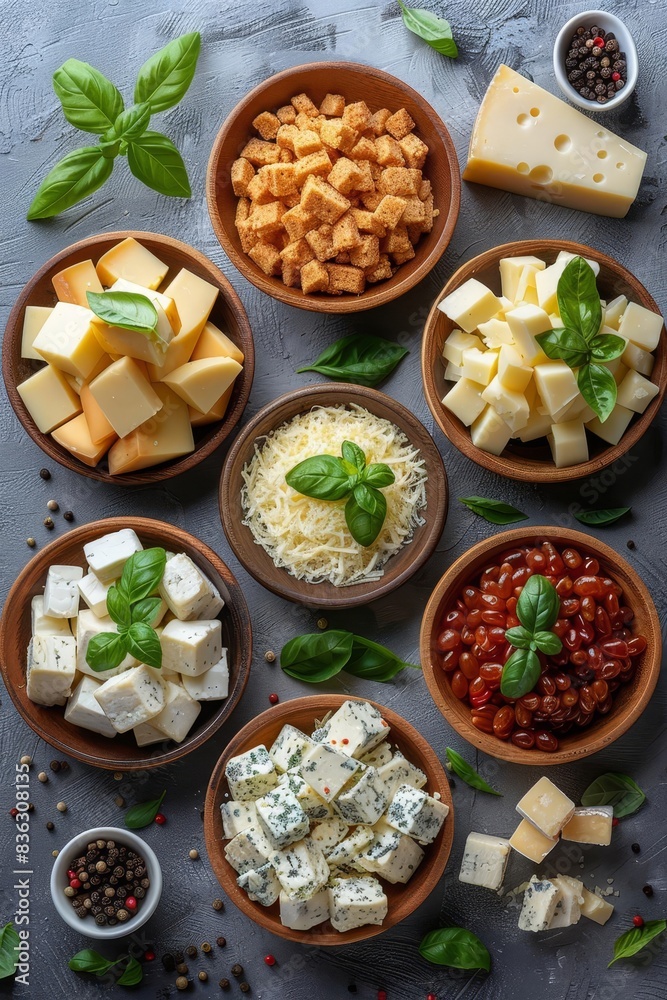 Assorted cheese varieties in wooden bowls with herbs and peppercorns on a rustic table, showcasing different types and textures. Assorted cheese varieties in wooden bowls with herbs and peppercorns on a rustic table, showcasing different types and textures.
