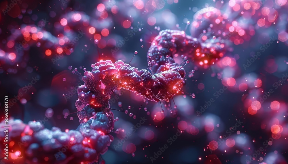 Highly detailed, close-up visualization of a DNA molecule in vibrant red and blue colors, highlighting scientific and biological themes. Highly detailed, close-up visualization of a DNA molecule in vibrant red and blue colors, highlighting scientific and biological themes.
