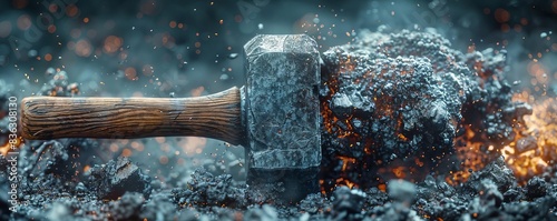 Close-up of a heavy hammer on smoldering coal, emitting sparks and smoke, representing strength and craftsmanship.