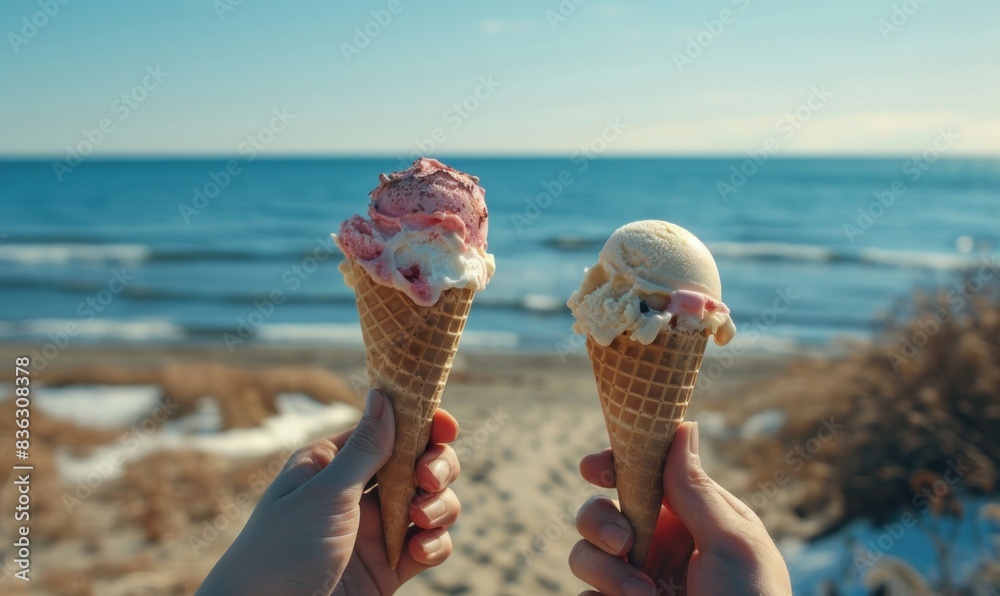 Fototapeta premium Summer Bliss by the Sea - Two Ice Cream Cones Against Ocean Background on a Sunny Day
