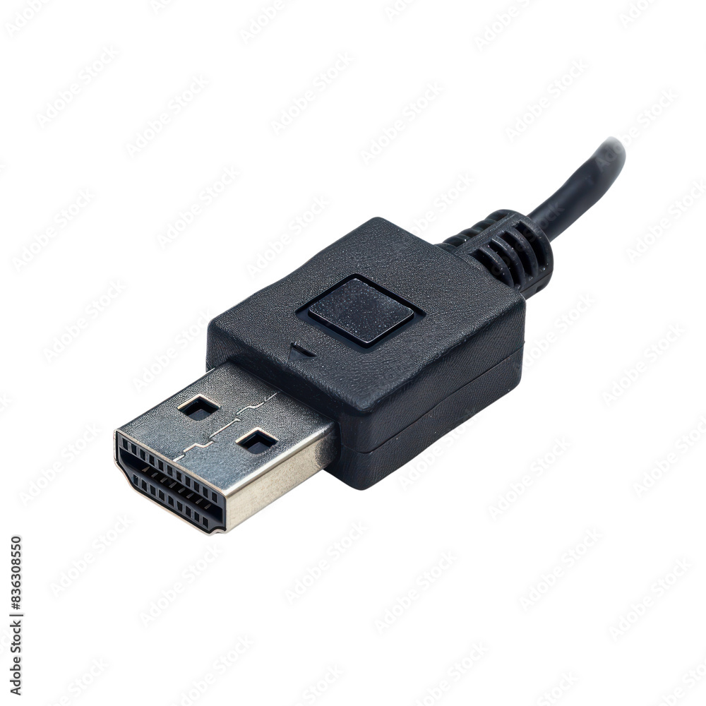 High-quality black DisplayPort cable for reliable digital video and audio connection. Essential for computer and monitor setups. transparent backgrounds High-quality black DisplayPort cable for reliable digital video and audio connection. Essential for computer and monitor setups. transparent backgrounds