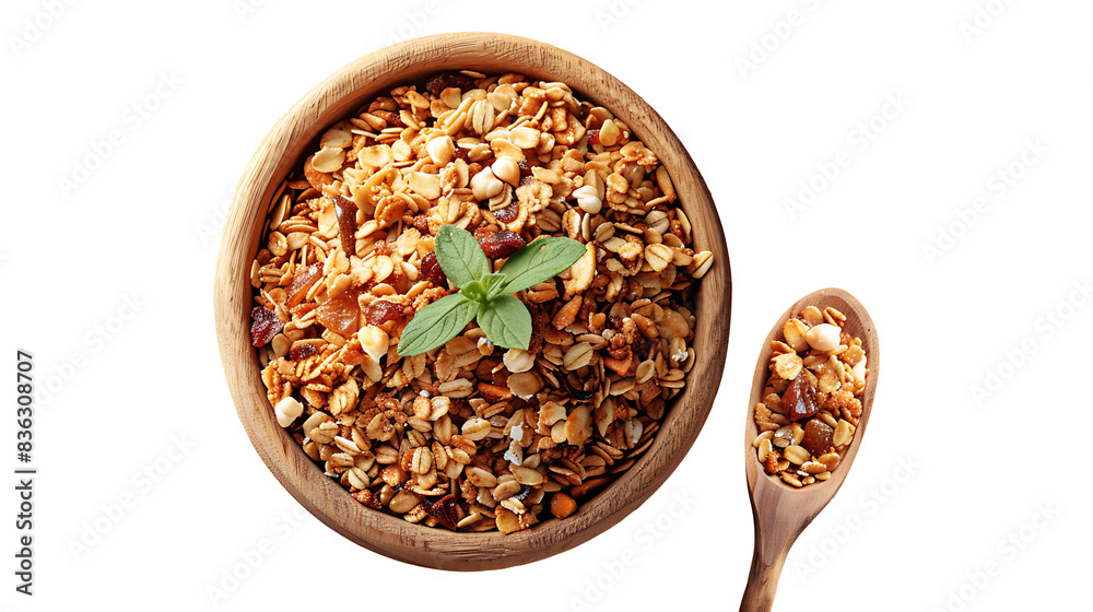 Honey-sweetened granola in a bowl on a transparent background Honey-sweetened granola in a bowl on a transparent background