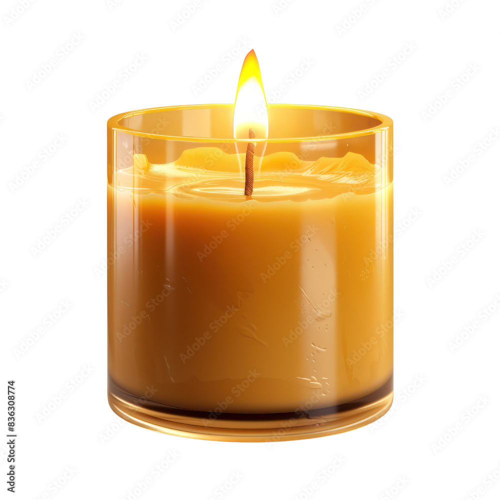 A warm yellow candle in a glass container burning with a steady flame, perfect for creating a cozy and relaxing atmosphere. transparent backgrounds A warm yellow candle in a glass container burning with a steady flame, perfect for creating a cozy and relaxing atmosphere. transparent backgrounds