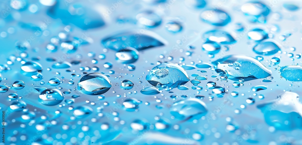 Full-frame shot of crystal-clear water drops on tranquil blue surface. Full-frame shot of crystal-clear water drops on tranquil blue surface.