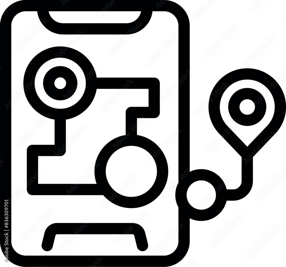 Black and white icon representing a mobile app for navigation and route optimization Black and white icon representing a mobile app for navigation and route optimization