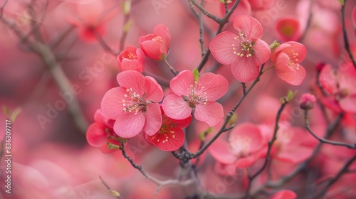 Blooms of flowering quince can be seen in the park photo