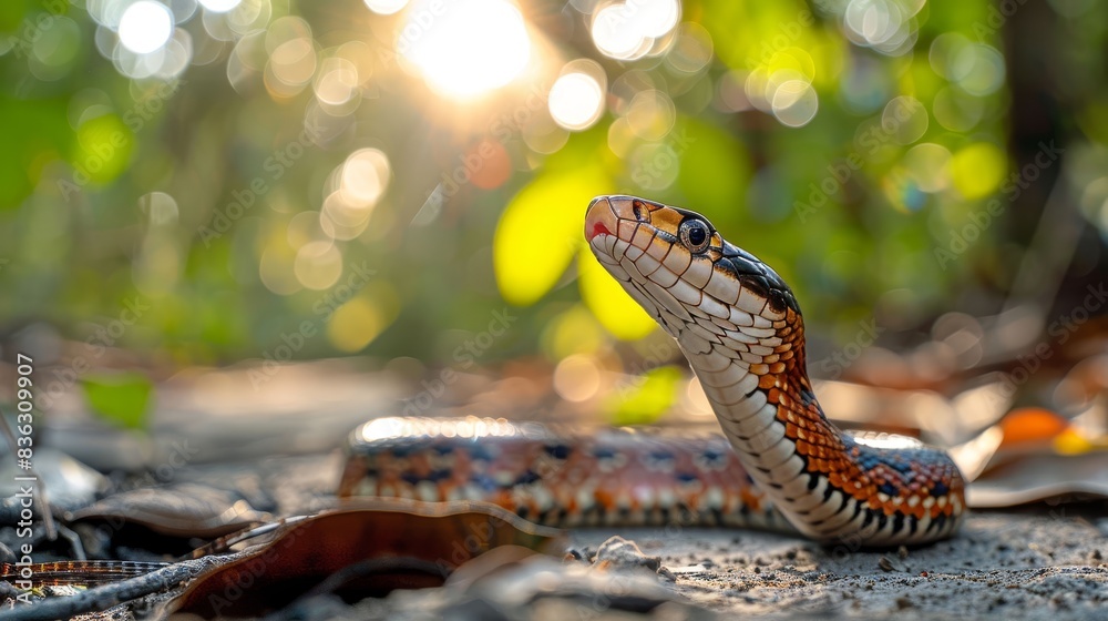 Fototapeta premium A snake is laying on the ground with its head up