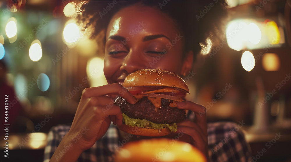 Sensational Burger Moment: Woman's Food Delight Sensational Burger Moment: Woman's Food Delight