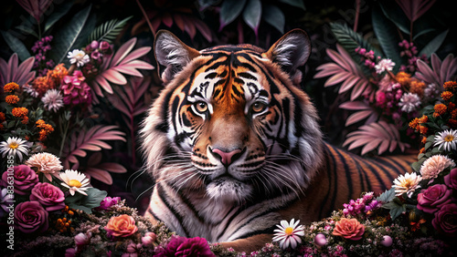 Beautiful tiger with flowers in the jungle