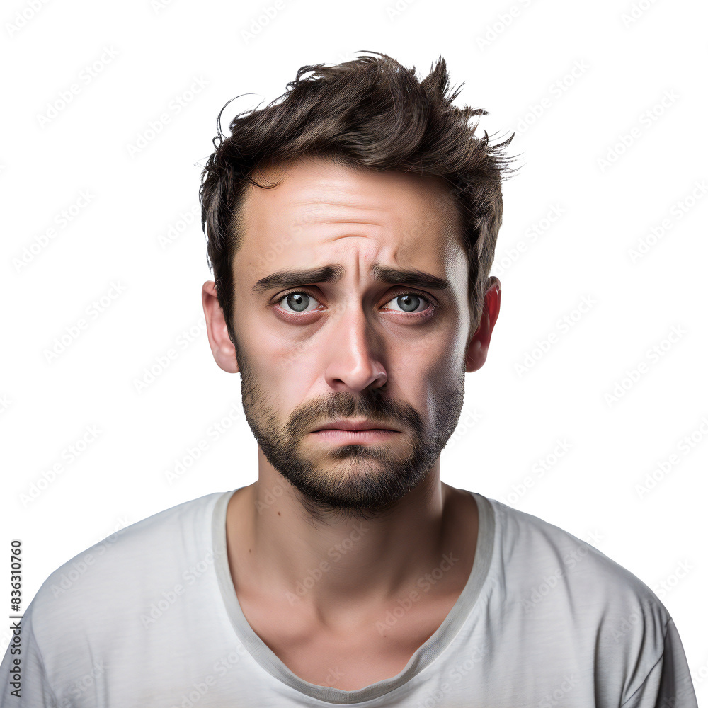 Man with a sad expression in white t-shirt against a on transparent background Man with a sad expression in white t-shirt against a on transparent background