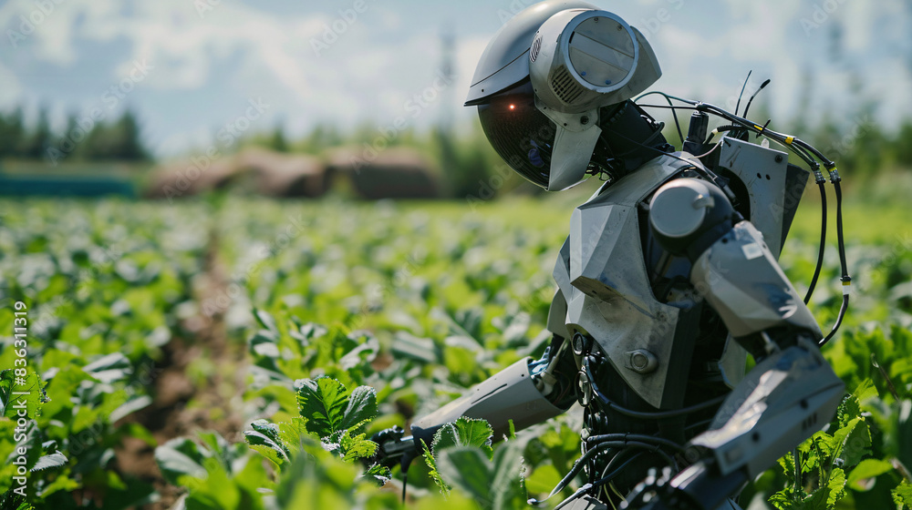 Robotic agriculture concept. Human-shaped robot working on a farm. Robot farmers agriculture technology farm automation Robotic agriculture concept. Human-shaped robot working on a farm. Robot farmers agriculture technology farm automation