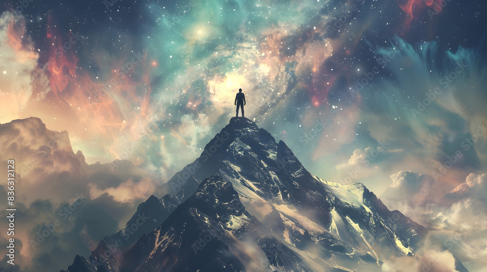 Man on top of a mountain observing the universe Man on top of a mountain observing the universe