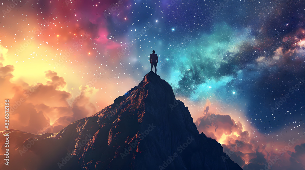 Man on top of a mountain observing the universe Man on top of a mountain observing the universe