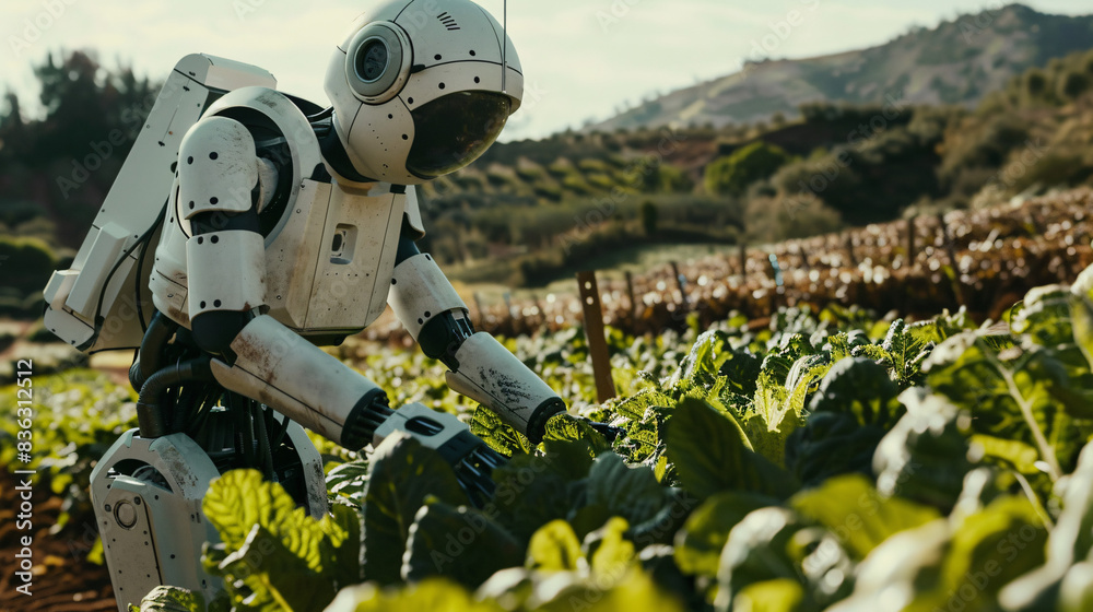 Robotic agriculture concept. Human-shaped robot working on a farm. Robot farmers agriculture technology farm automation Robotic agriculture concept. Human-shaped robot working on a farm. Robot farmers agriculture technology farm automation