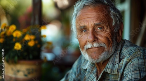 A characterful portrait of a senior man with a wise and experienced expression, surrounded by plants © familymedia