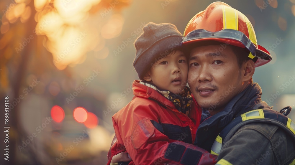 Portrait of asian man firefighter holding little boy on hand Portrait of asian man firefighter holding little boy on hand