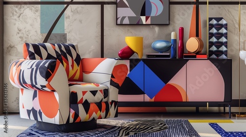 : A contemporary living space with a Memphis design armchair in a bold, colorful print, accompanied by a sleek, black console with bright, geometric accents. photo