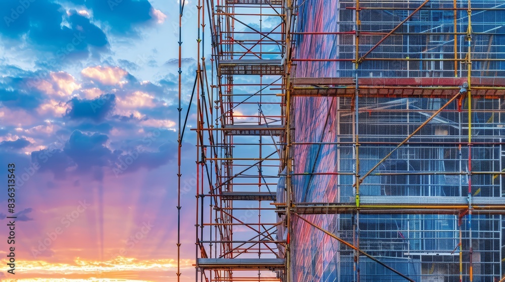 Scaffolding on a building with a beautiful sunset in the background.