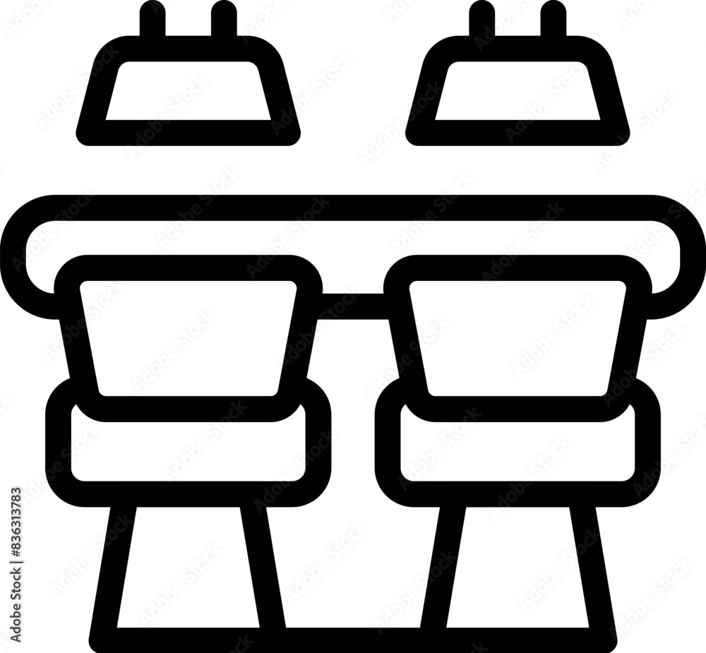 Black line icon representing a train's seating arrangement with two seats and tables Black line icon representing a train's seating arrangement with two seats and tables