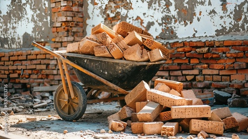 A wheelbarrow full of bricks sits in front of a brick wall.