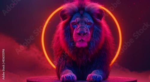 a lion on a podium with a neon effect footage photo