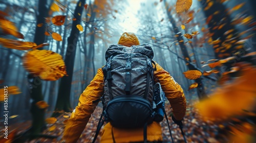 Hiker with a yellow jacket and backpack explores a dense autumnal forest
