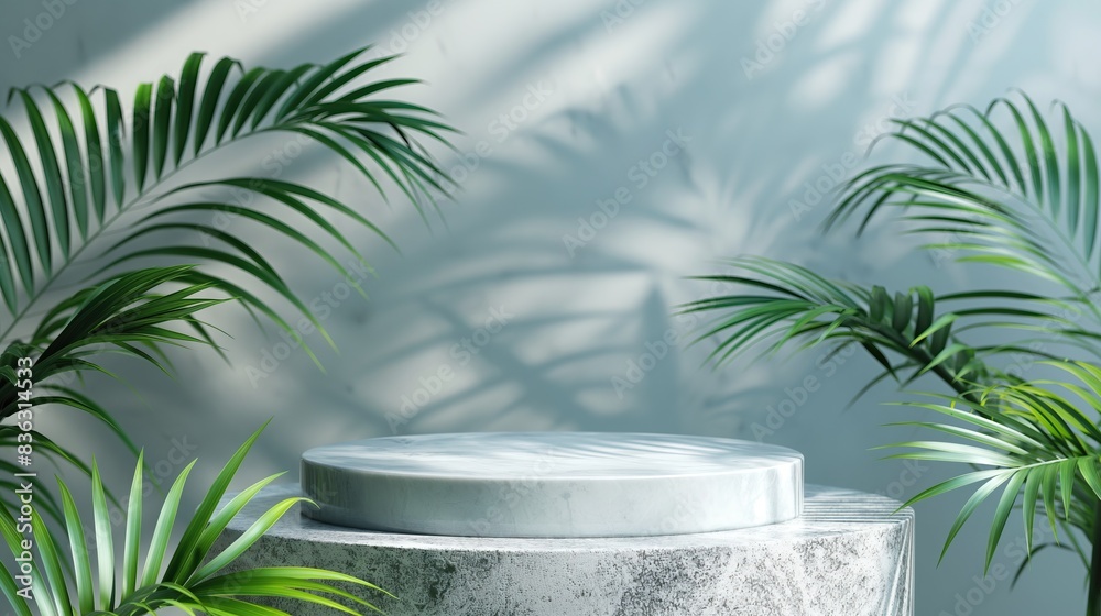 Product display podium on marble table in front of green tropical plants Product display podium on marble table in front of green tropical plants