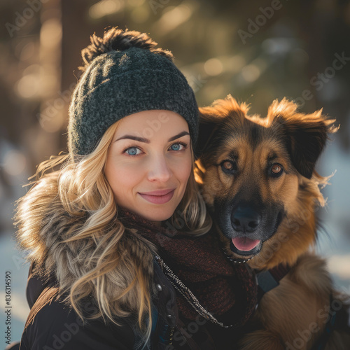 Winter Bliss: Young Woman and Her Dog Among Christmas Trees © Luba
