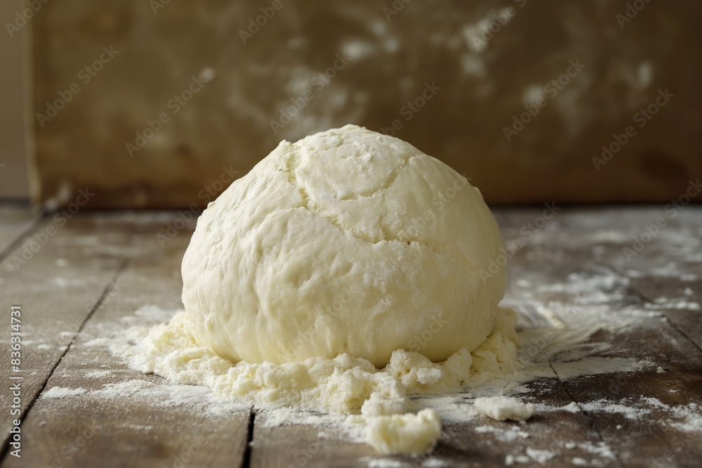 Bread dough sprinkled with flour on a wooden board in a rustic style