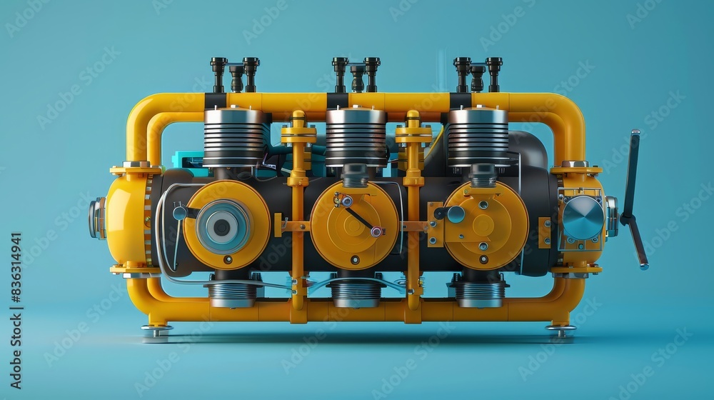 3D render of a pneumatic compressor mechanism, flat design, front view, engineering theme with triadic color scheme. Perfect for engineering and industrial visuals 3D render of a pneumatic compressor mechanism, flat design, front view, engineering theme with triadic color scheme. Perfect for engineering and industrial visuals