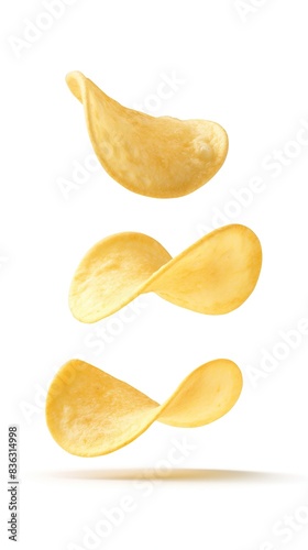 Levitating potato chips isolated on a white background